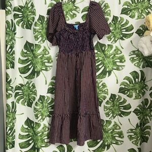 Drape James Deana Smocked Dress Womens Large Plaid